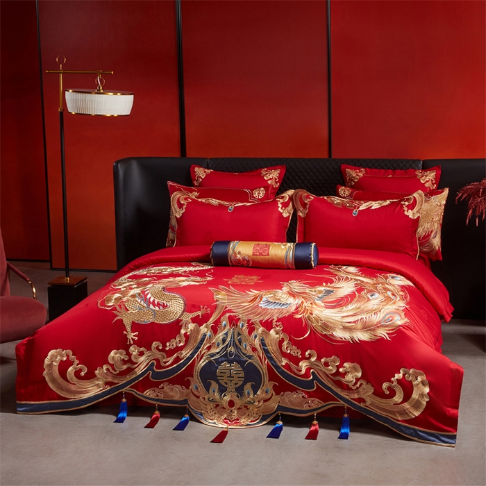 91家纺网 家纺一手货源 找家纺 宏羽纺家纺 2025新款高支高密全棉提花新中式婚庆多件套 高支高密江山龙凤