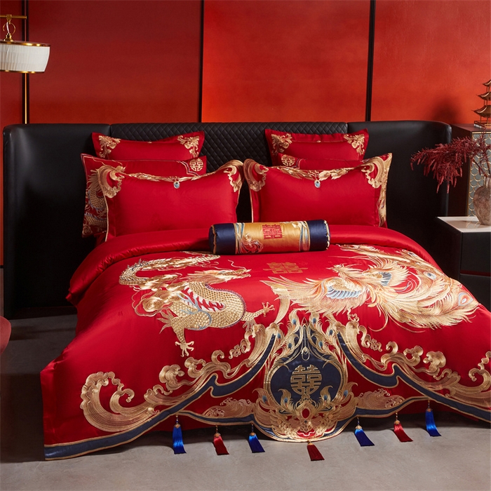 91家纺网 家纺一手货源 找家纺 宏羽纺家纺 2025新款高支高密全棉提花新中式婚庆多件套 高支高密江山龙凤