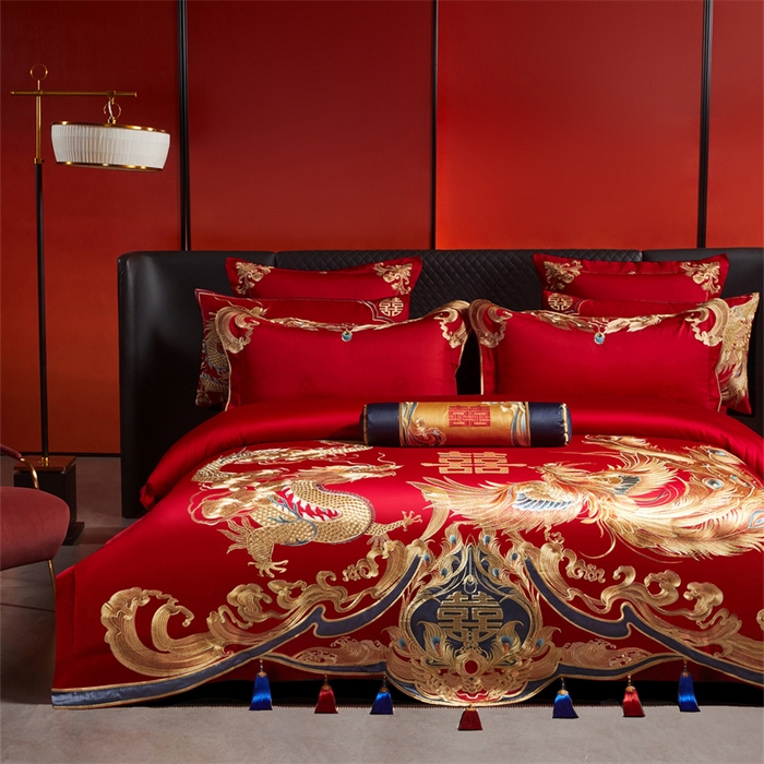 91家纺网 家纺一手货源 找家纺 宏羽纺家纺 2025新款高支高密全棉提花新中式婚庆多件套 高支高密江山龙凤