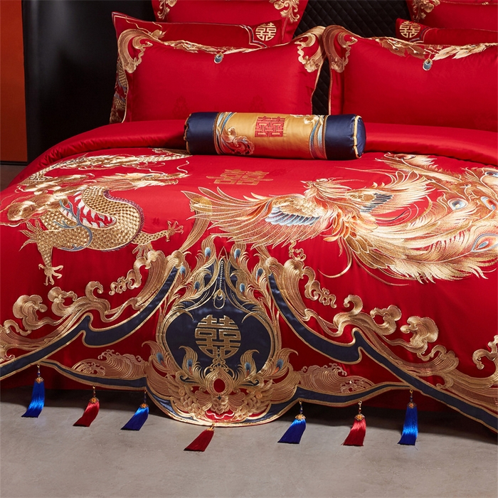 91家纺网 家纺一手货源 找家纺 宏羽纺家纺 2025新款高支高密全棉提花新中式婚庆多件套 高支高密江山龙凤