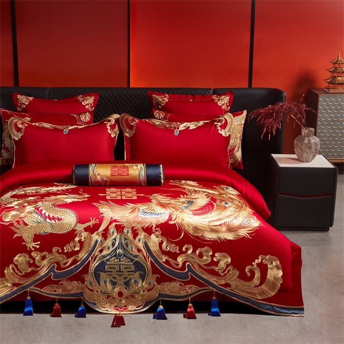 91家纺网 家纺一手货源 找家纺 宏羽纺家纺 2025新款高支高密全棉提花新中式婚庆多件套 高支高密江山龙凤