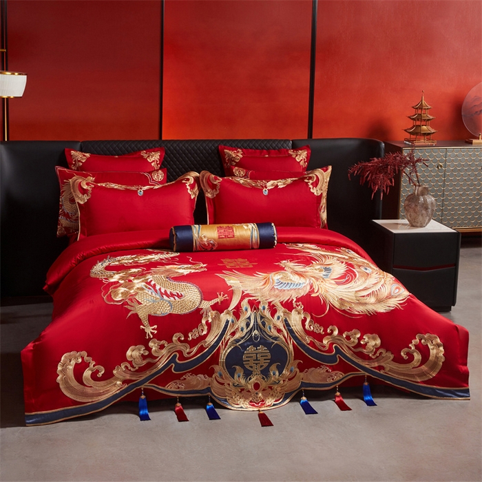 91家纺网 家纺一手货源 找家纺 宏羽纺家纺 2025新款高支高密全棉提花新中式婚庆多件套 高支高密江山龙凤