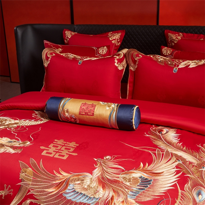 91家纺网 家纺一手货源 找家纺 宏羽纺家纺 2025新款高支高密全棉提花新中式婚庆多件套 高支高密江山龙凤