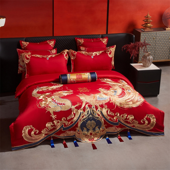 91家纺网 家纺一手货源 找家纺 宏羽纺家纺 2025新款高支高密全棉提花新中式婚庆多件套 高支高密江山龙凤