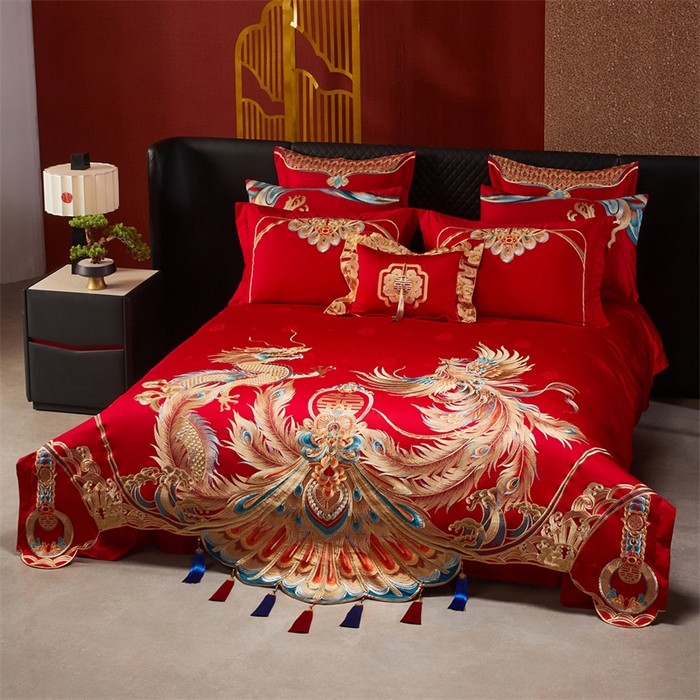 91家纺网 家纺一手货源 找家纺 宏羽纺家纺 2025新款高支高密全棉提花新中式婚庆多件套 高支高密龙凤报喜