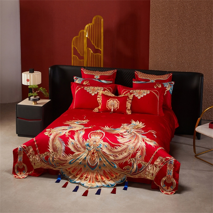 91家纺网 家纺一手货源 找家纺 宏羽纺家纺 2025新款高支高密全棉提花新中式婚庆多件套 高支高密龙凤报喜