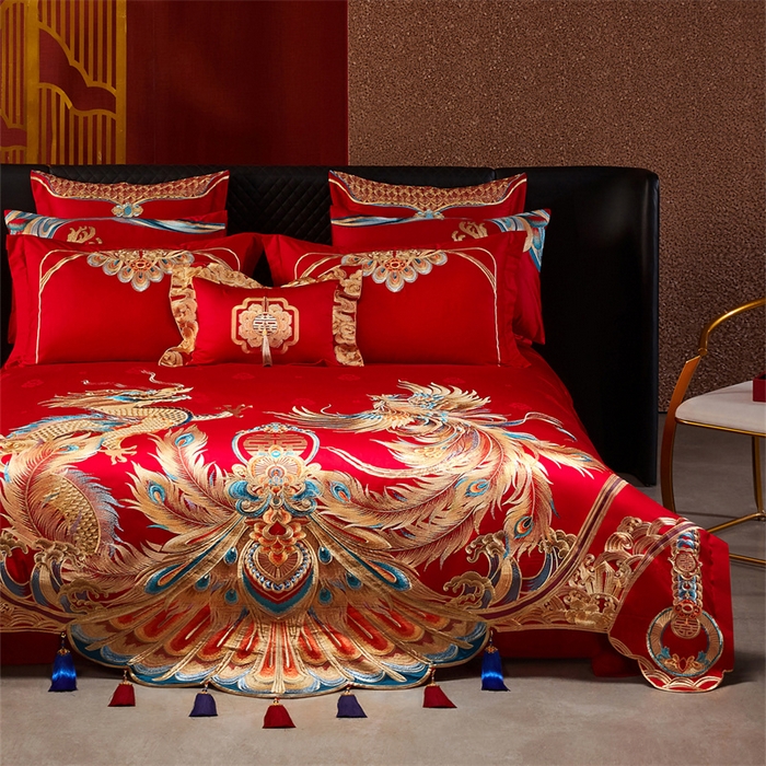 91家纺网 家纺一手货源 找家纺 宏羽纺家纺 2025新款高支高密全棉提花新中式婚庆多件套 高支高密龙凤报喜