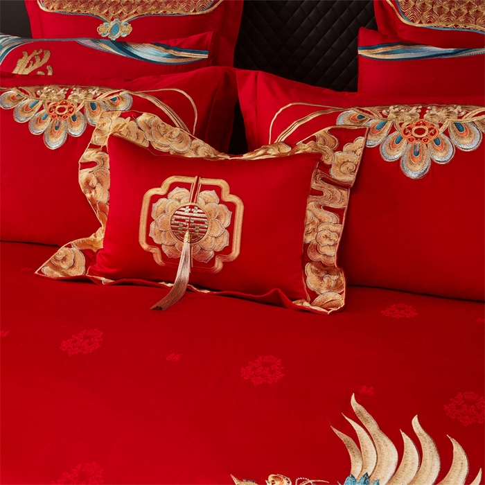 91家纺网 家纺一手货源 找家纺 宏羽纺家纺 2025新款高支高密全棉提花新中式婚庆多件套 高支高密龙凤报喜