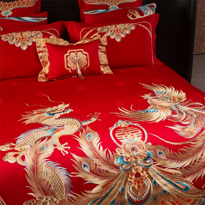 91家纺网 家纺一手货源 找家纺 宏羽纺家纺 2025新款高支高密全棉提花新中式婚庆多件套 高支高密龙凤报喜