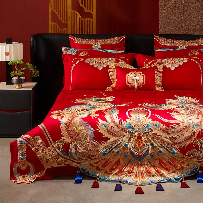 91家纺网 家纺一手货源 找家纺 宏羽纺家纺 2025新款高支高密全棉提花新中式婚庆多件套 高支高密龙凤报喜