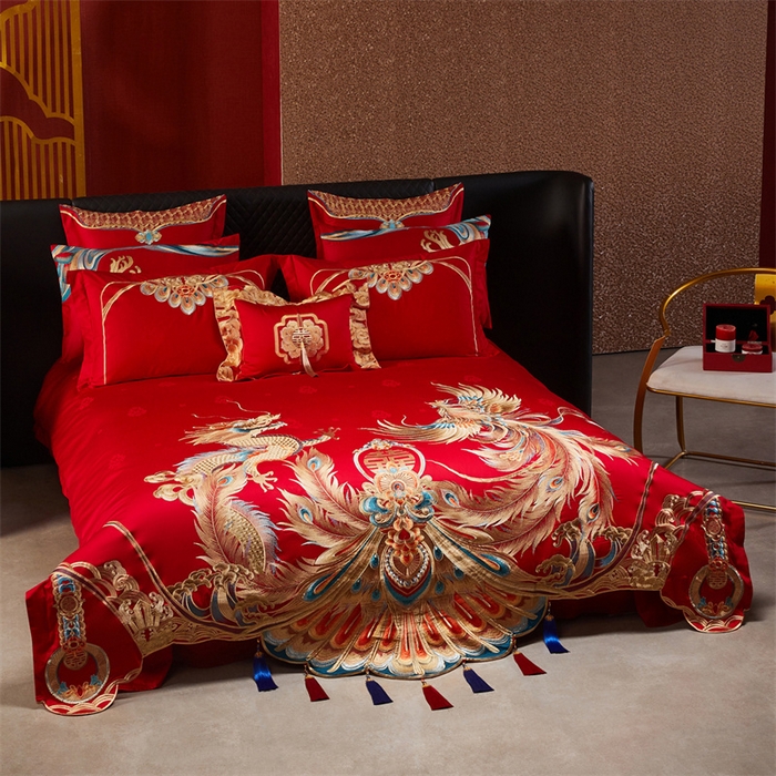 91家纺网 家纺一手货源 找家纺 宏羽纺家纺 2025新款高支高密全棉提花新中式婚庆多件套 高支高密龙凤报喜