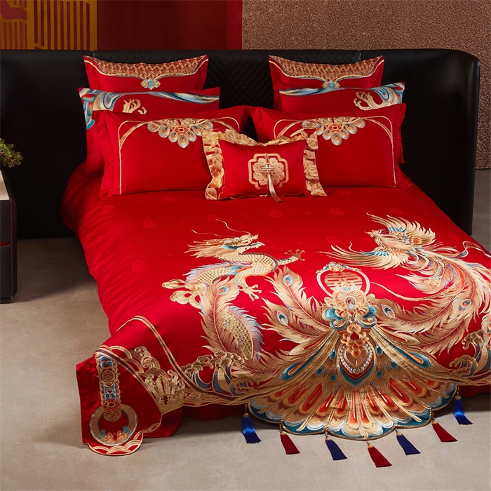 91家纺网 家纺一手货源 找家纺 宏羽纺家纺 2025新款高支高密全棉提花新中式婚庆多件套 高支高密龙凤报喜