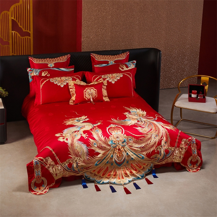 91家纺网 家纺一手货源 找家纺 宏羽纺家纺 2025新款高支高密全棉提花新中式婚庆多件套 高支高密龙凤报喜