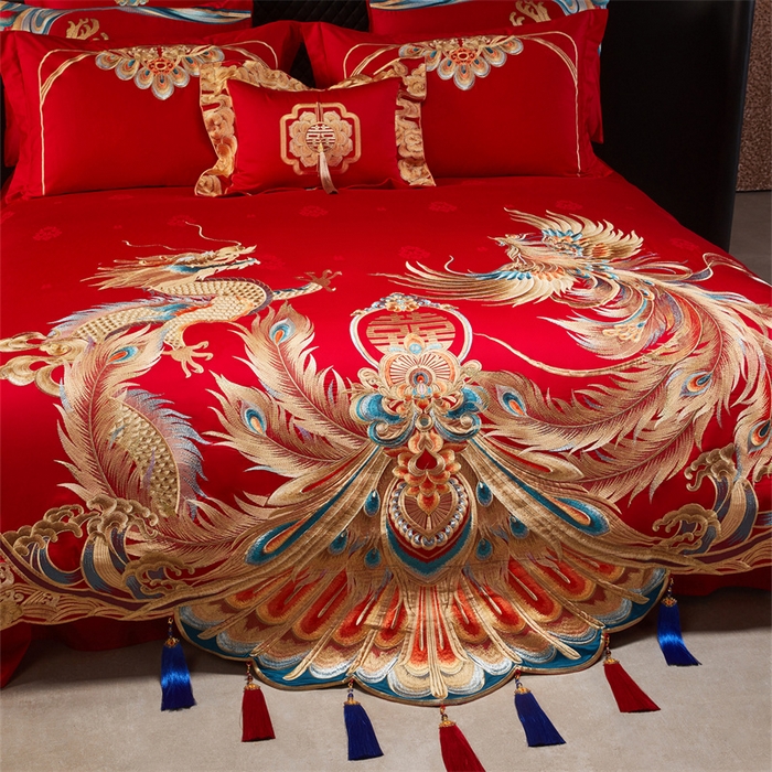 91家纺网 家纺一手货源 找家纺 宏羽纺家纺 2025新款高支高密全棉提花新中式婚庆多件套 高支高密龙凤报喜