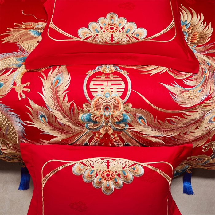 91家纺网 家纺一手货源 找家纺 宏羽纺家纺 2025新款高支高密全棉提花新中式婚庆多件套 高支高密龙凤报喜