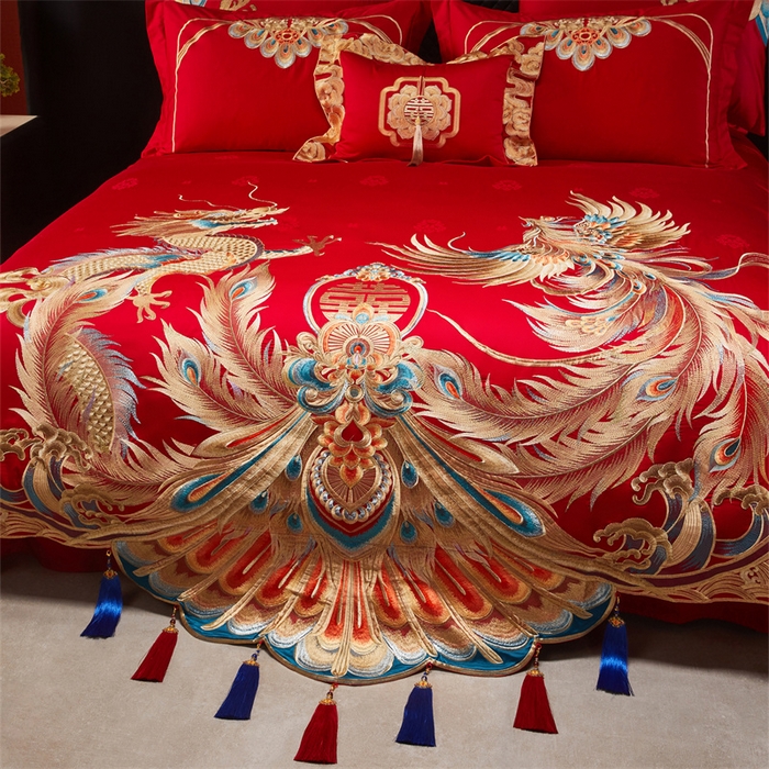 91家纺网 家纺一手货源 找家纺 宏羽纺家纺 2025新款高支高密全棉提花新中式婚庆多件套 高支高密龙凤报喜