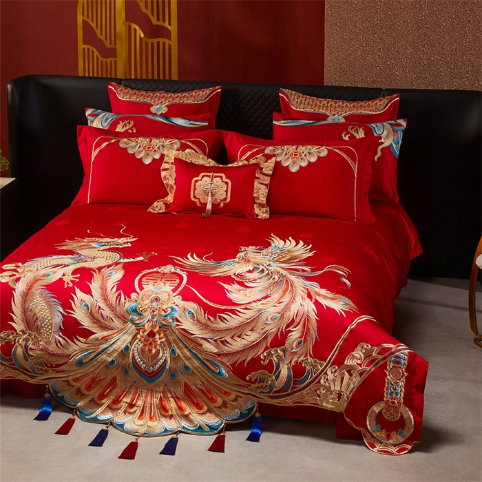 91家纺网 家纺一手货源 找家纺 宏羽纺家纺 2025新款高支高密全棉提花新中式婚庆多件套 高支高密龙凤报喜