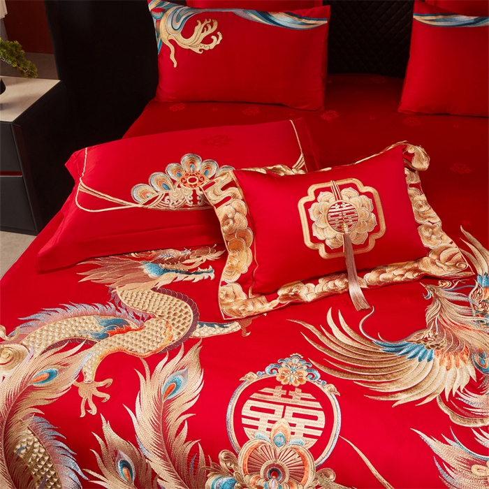 91家纺网 家纺一手货源 找家纺 宏羽纺家纺 2025新款高支高密全棉提花新中式婚庆多件套 高支高密龙凤报喜