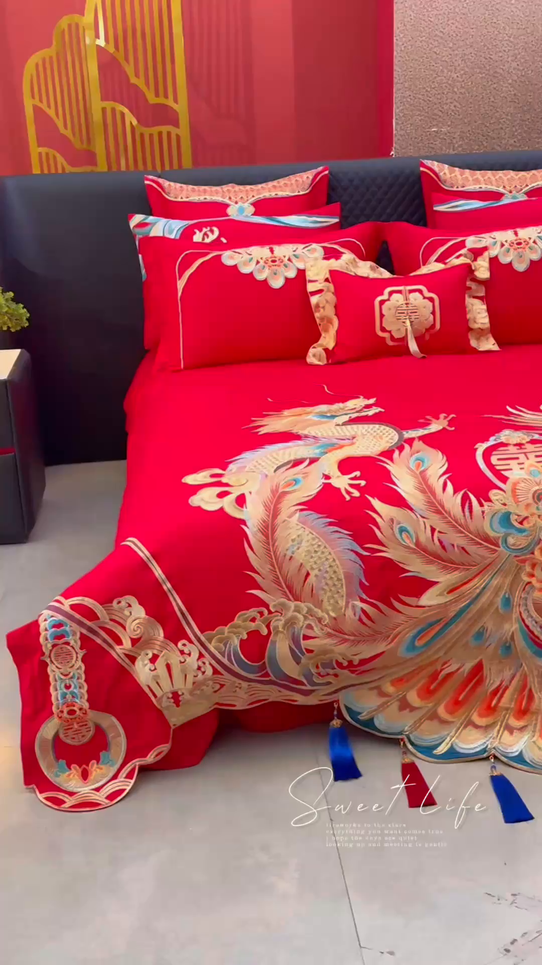 91家纺网 家纺一手货源 找家纺 宏羽纺家纺 2025新款高支高密全棉提花新中式婚庆多件套 高支高密龙凤报喜