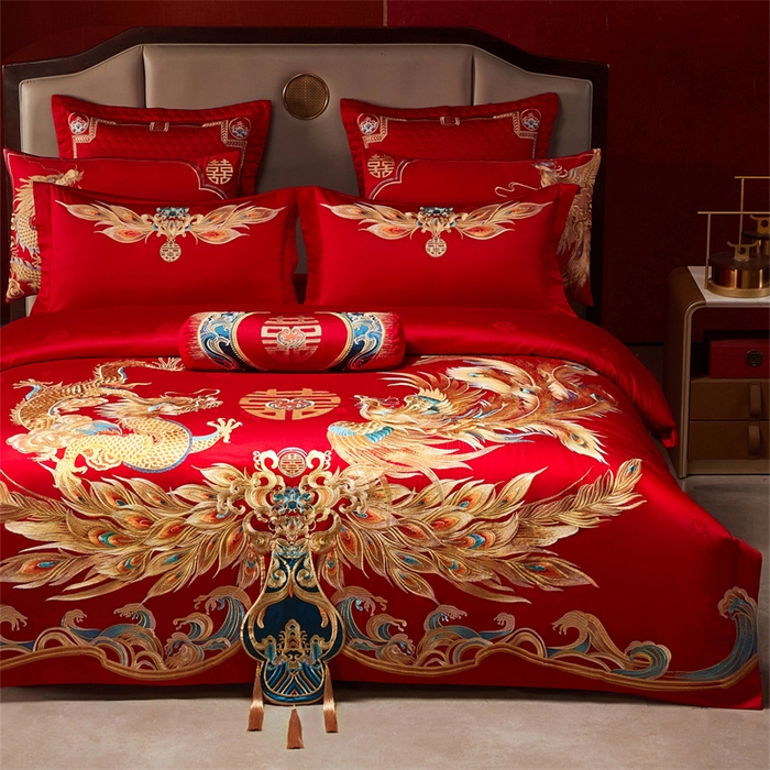 91家纺网 家纺一手货源 找家纺 宏羽纺家纺 2025新款高支高密全棉提花新中式婚庆多件套 高支高密龙凤佳缘-金