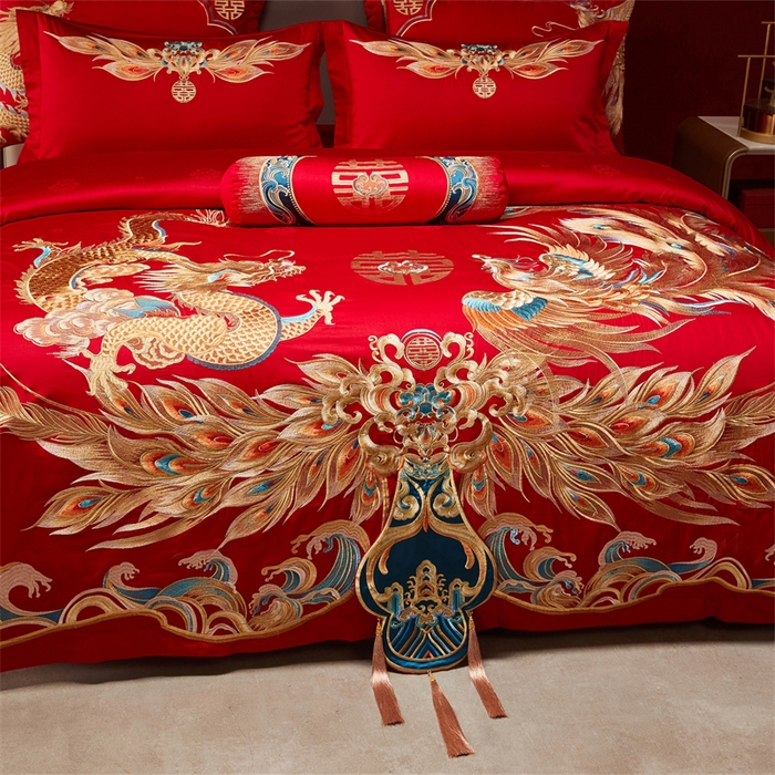 91家纺网 家纺一手货源 找家纺 宏羽纺家纺 2025新款高支高密全棉提花新中式婚庆多件套 高支高密龙凤佳缘-金