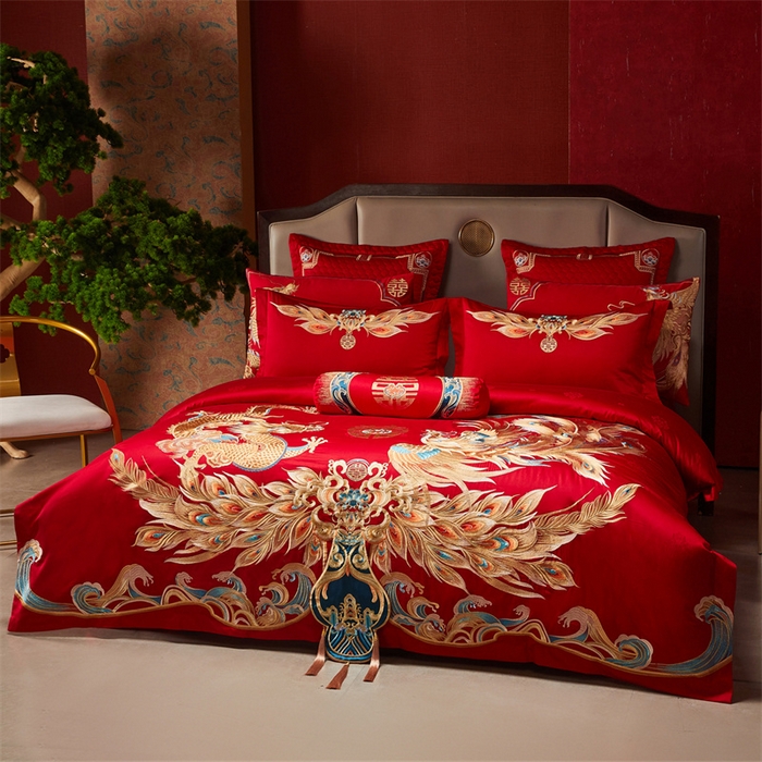 91家纺网 家纺一手货源 找家纺 宏羽纺家纺 2025新款高支高密全棉提花新中式婚庆多件套 高支高密龙凤佳缘-金