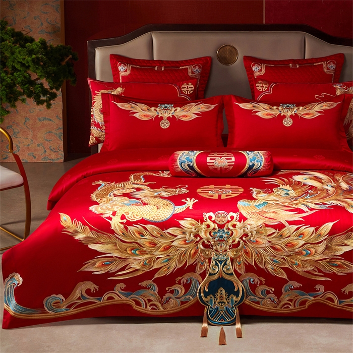 91家纺网 家纺一手货源 找家纺 宏羽纺家纺 2025新款高支高密全棉提花新中式婚庆多件套 高支高密龙凤佳缘-金