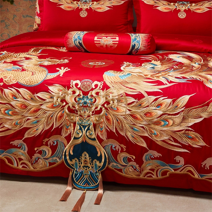 91家纺网 家纺一手货源 找家纺 宏羽纺家纺 2025新款高支高密全棉提花新中式婚庆多件套 高支高密龙凤佳缘-金