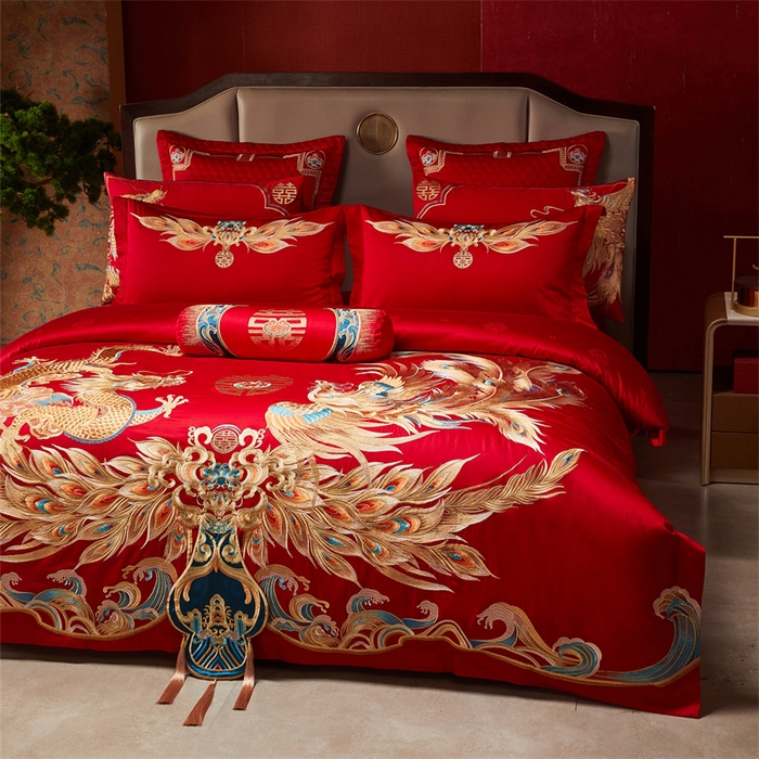 91家纺网 家纺一手货源 找家纺 宏羽纺家纺 2025新款高支高密全棉提花新中式婚庆多件套 高支高密龙凤佳缘-金