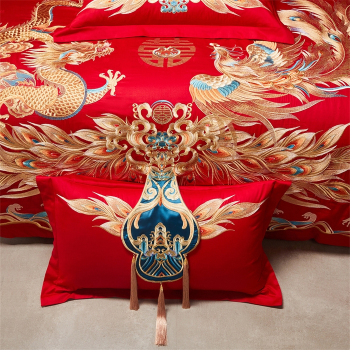 91家纺网 家纺一手货源 找家纺 宏羽纺家纺 2025新款高支高密全棉提花新中式婚庆多件套 高支高密龙凤佳缘-金