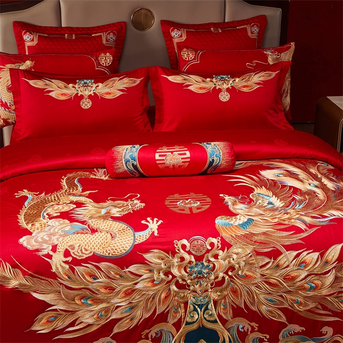 91家纺网 家纺一手货源 找家纺 宏羽纺家纺 2025新款高支高密全棉提花新中式婚庆多件套 高支高密龙凤佳缘-金