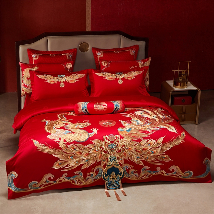 91家纺网 家纺一手货源 找家纺 宏羽纺家纺 2025新款高支高密全棉提花新中式婚庆多件套 高支高密龙凤佳缘-金