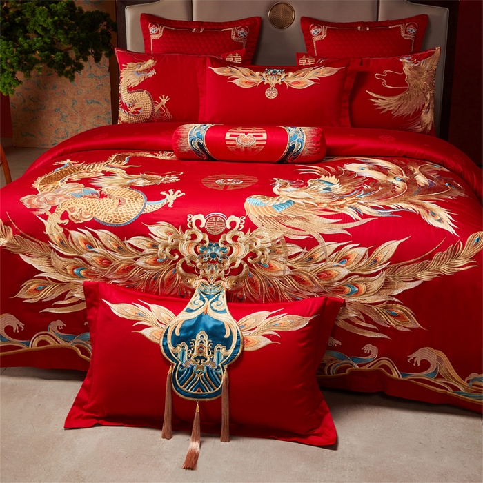 91家纺网 家纺一手货源 找家纺 宏羽纺家纺 2025新款高支高密全棉提花新中式婚庆多件套 高支高密龙凤佳缘-金