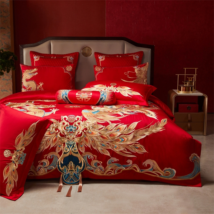 91家纺网 家纺一手货源 找家纺 宏羽纺家纺 2025新款高支高密全棉提花新中式婚庆多件套 高支高密龙凤佳缘-金