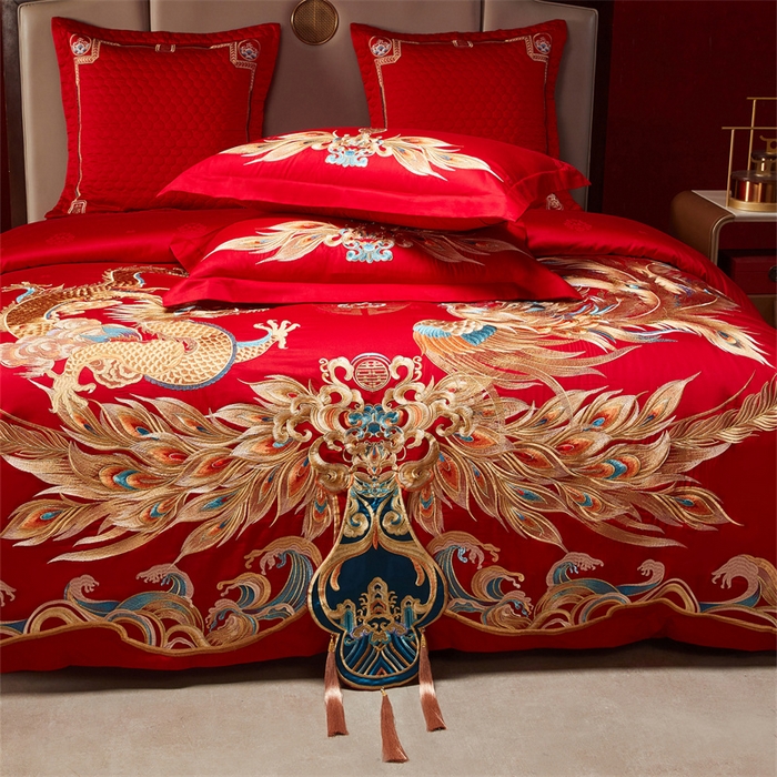 91家纺网 家纺一手货源 找家纺 宏羽纺家纺 2025新款高支高密全棉提花新中式婚庆多件套 高支高密龙凤佳缘-金