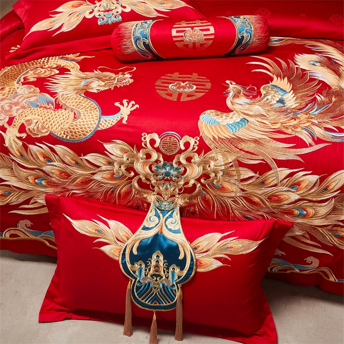 91家纺网 家纺一手货源 找家纺 宏羽纺家纺 2025新款高支高密全棉提花新中式婚庆多件套 高支高密龙凤佳缘-金