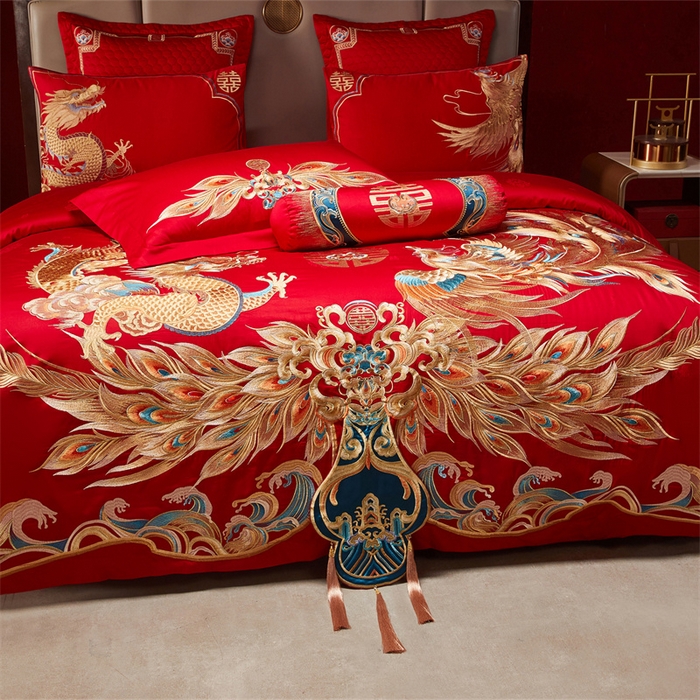 91家纺网 家纺一手货源 找家纺 宏羽纺家纺 2025新款高支高密全棉提花新中式婚庆多件套 高支高密龙凤佳缘-金