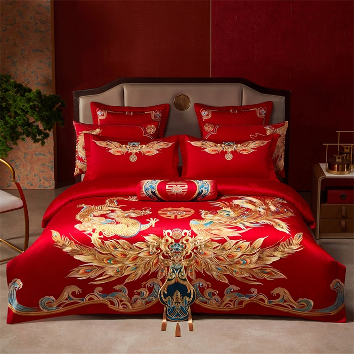 宏羽纺家纺 2025新款高支高密全棉提花新中式婚庆多件套 高支高密龙凤佳缘-金