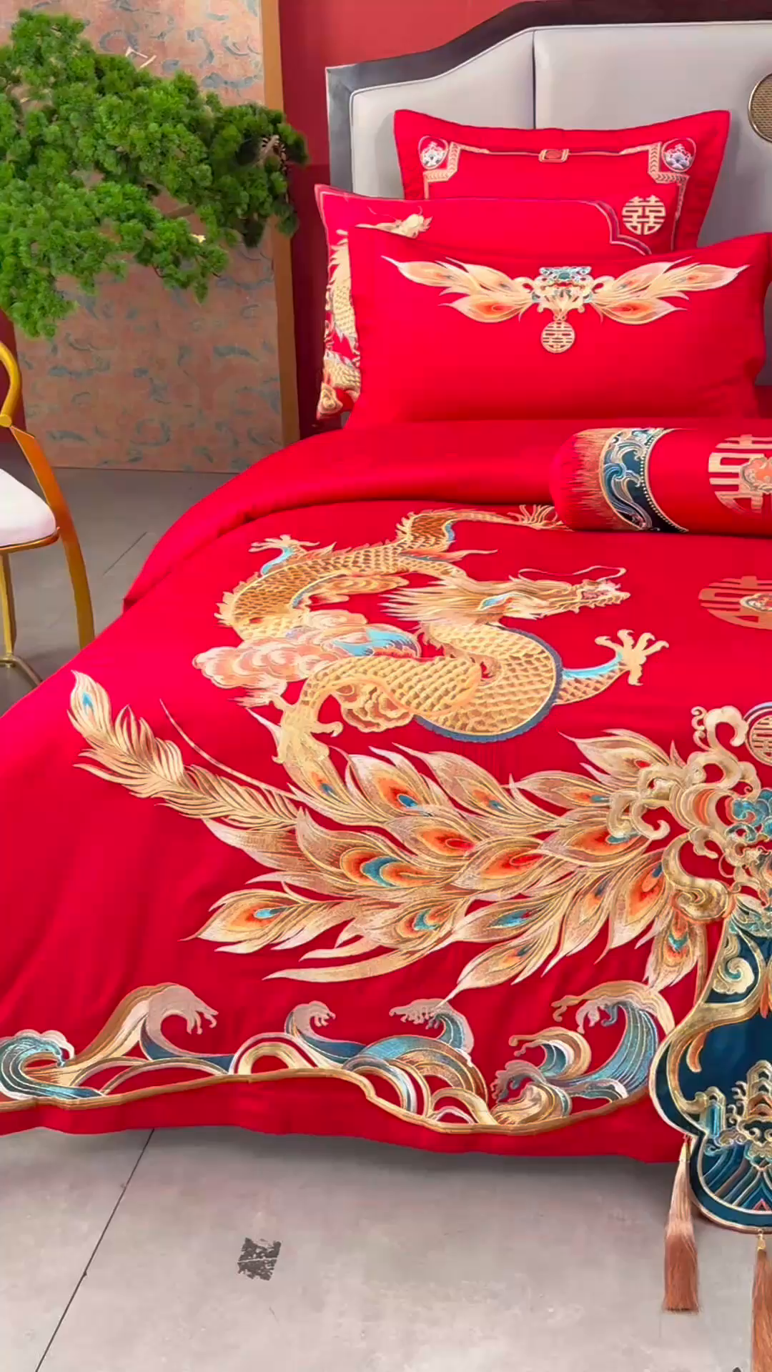 91家纺网 家纺一手货源 找家纺 宏羽纺家纺 2025新款高支高密全棉提花新中式婚庆多件套 高支高密龙凤佳缘-金