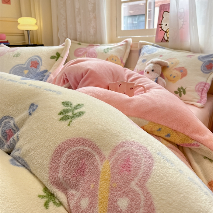 91家纺网 家纺一手货源 找家纺 川悦生活 2025新款立体雪花绒印花大床四件套系列一场景一 花园蝴蝶