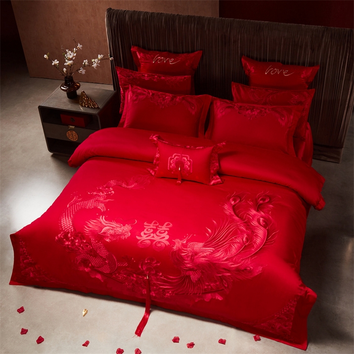 91家纺网 家纺一手货源 找家纺 宏羽纺家纺 2025新款高支高密全棉提花新中式婚庆多件套 高支高密龙凤祥福-红