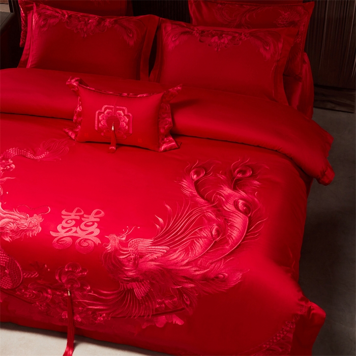 91家纺网 家纺一手货源 找家纺 宏羽纺家纺 2025新款高支高密全棉提花新中式婚庆多件套 高支高密龙凤祥福-红