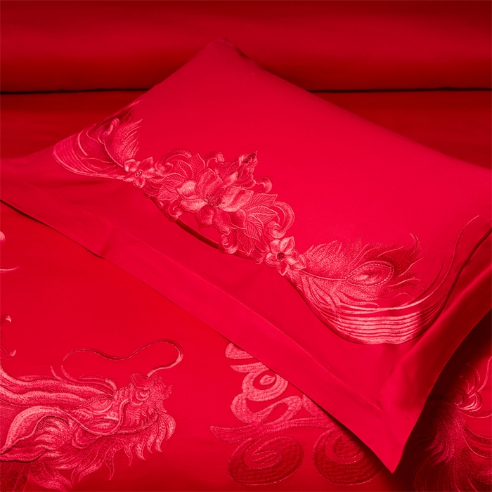 91家纺网 家纺一手货源 找家纺 宏羽纺家纺 2025新款高支高密全棉提花新中式婚庆多件套 高支高密龙凤祥福-红
