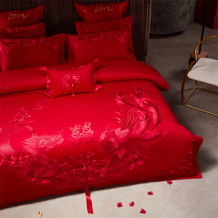 91家纺网 家纺一手货源 找家纺 宏羽纺家纺 2025新款高支高密全棉提花新中式婚庆多件套 高支高密龙凤祥福-红