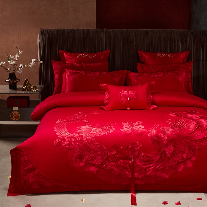 91家纺网 家纺一手货源 找家纺 宏羽纺家纺 2025新款高支高密全棉提花新中式婚庆多件套 高支高密龙凤祥福-红