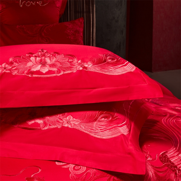 91家纺网 家纺一手货源 找家纺 宏羽纺家纺 2025新款高支高密全棉提花新中式婚庆多件套 高支高密龙凤祥福-红