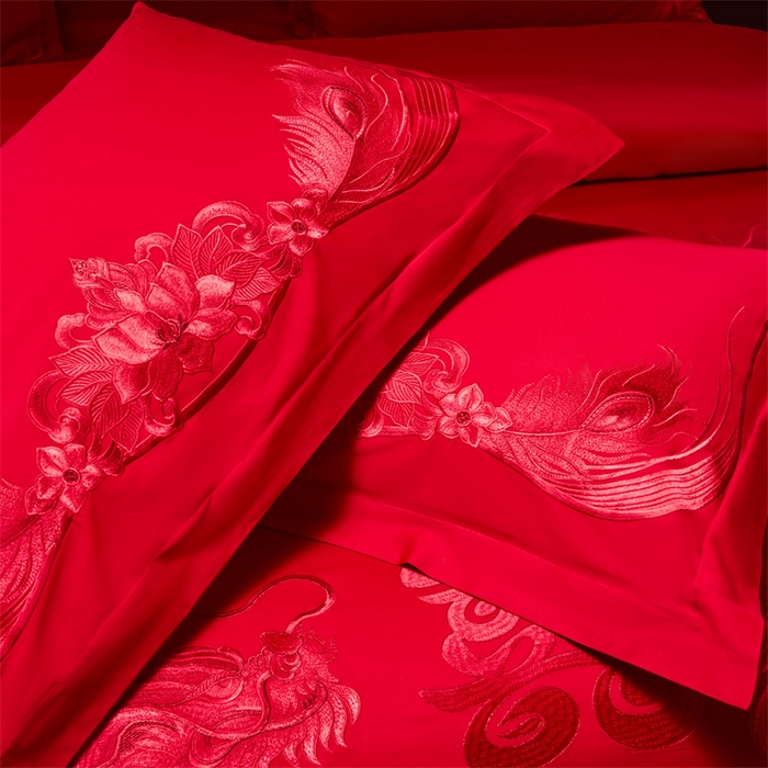 91家纺网 家纺一手货源 找家纺 宏羽纺家纺 2025新款高支高密全棉提花新中式婚庆多件套 高支高密龙凤祥福-红