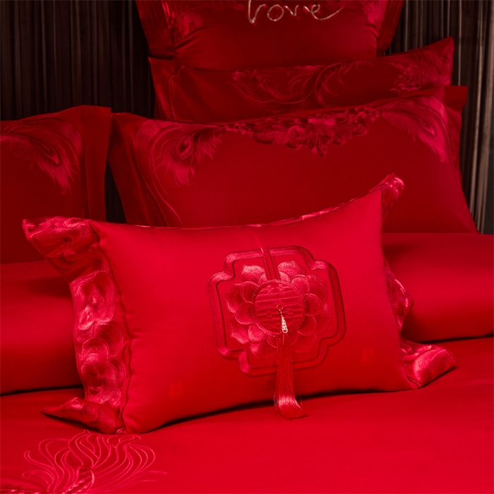 91家纺网 家纺一手货源 找家纺 宏羽纺家纺 2025新款高支高密全棉提花新中式婚庆多件套 高支高密龙凤祥福-红