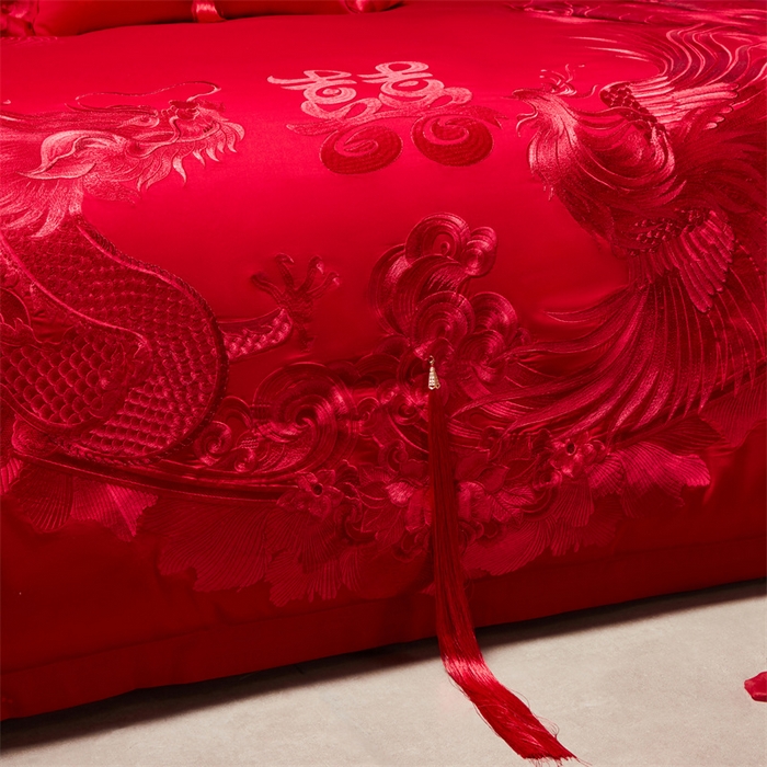 91家纺网 家纺一手货源 找家纺 宏羽纺家纺 2025新款高支高密全棉提花新中式婚庆多件套 高支高密龙凤祥福-红