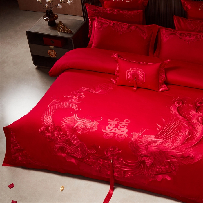 91家纺网 家纺一手货源 找家纺 宏羽纺家纺 2025新款高支高密全棉提花新中式婚庆多件套 高支高密龙凤祥福-红